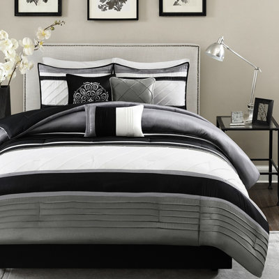 7 Piece Grey Comforter For King Bed, Elegant Faux Silk, , All Season Comfort 7 In Grey, Lustrous Details, Bedding