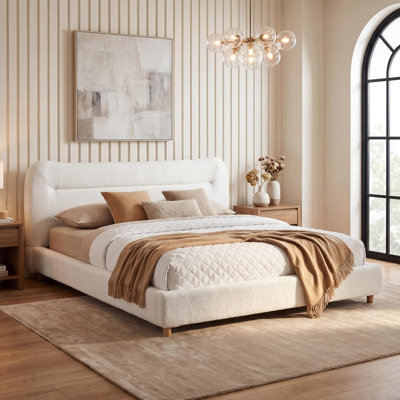 Queen Size Upholstered Platform Bed Frame, Teddy Bear Plush Bed Frame with 5.25 in Foam Curved Headboard, 800 lbs Support, Minimalist Curved Headboard Bed Frame, No Box Spring, Cream