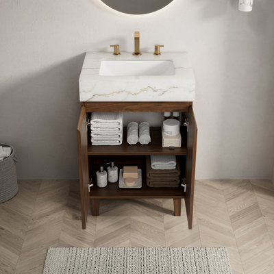 Meuble-lavabo LULA 24, meuble sur pied, plateau en marbre naturel blanc ivoire et lavabo en céramique avec 3 trous pré-percés pour robinetterie, démonté, sans robinetterie ni bonde, couleur noyer.