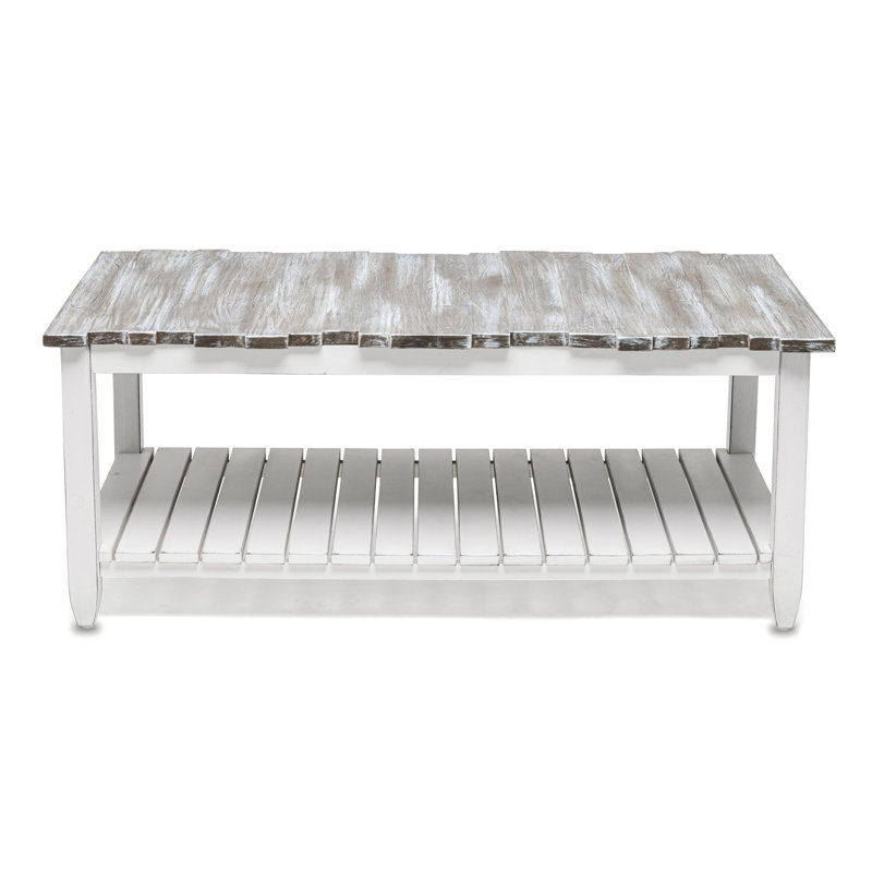 Decastro Solid Wood Coffee Table with Storage - Distressed White Wash Coastal, Gray/Black