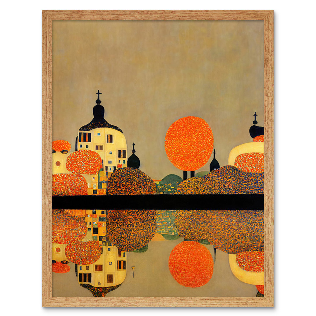 Klimt Style Autumn Lakeside Town Church - Print