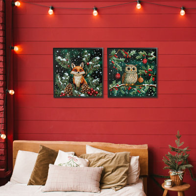 Winter Snowfall Fox & Owl 2pc Framed Giclee Set, design by Yen
