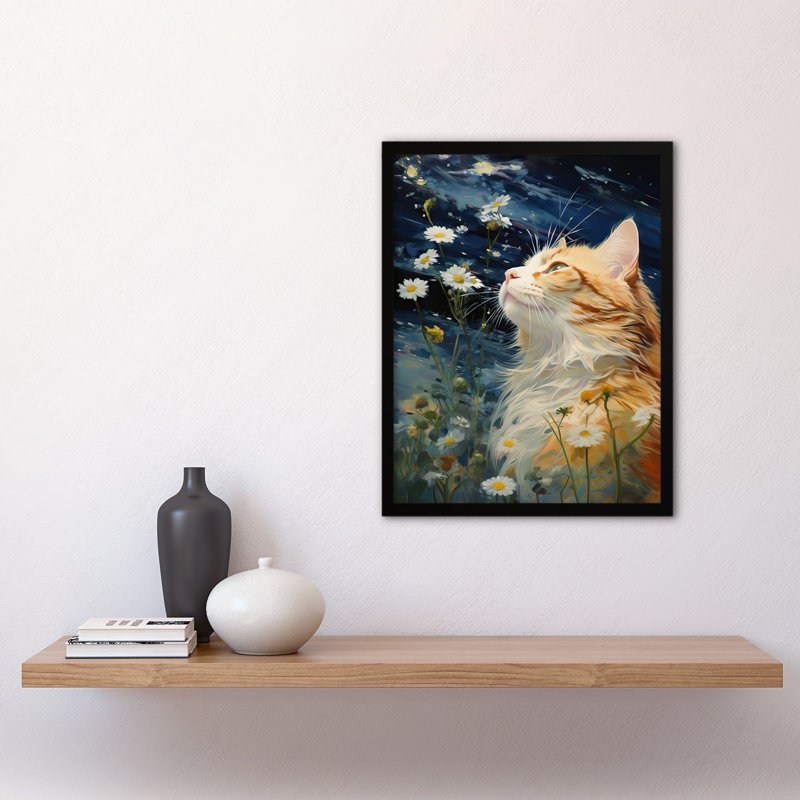 Moonlit Cat In Daisy Meadow Norwegian Forest Cat - Single Picture Frame Print
