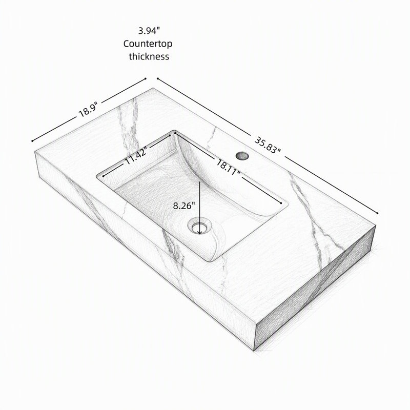 Plan de toilette en pierre frittée de 91 cm (36 po), lavabo encastré en céramique, 1 trou pour robinetterie, Blanc de Carrare