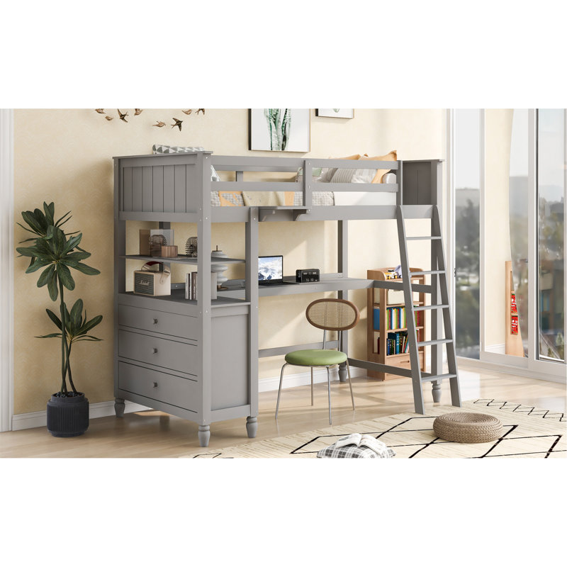Loft Bed With Drawers And Desk, Wooden Loft Bed With Shelves, Gray, Twin