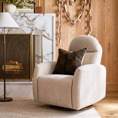 Berwyn Mid-Century Modern Upholstered Manual Recliner Accent Chair with 360° Swivel Glider, Solid Wood Round Base for Living Room, Bedroom & Reading Nook