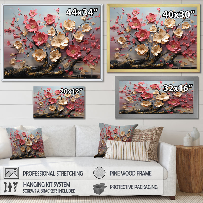 Élégant arbre floral orchidée rose et blanc II - Art mural floral abstrait, H 24 po x l 32 po x P 1 po, Cadre flottant brun