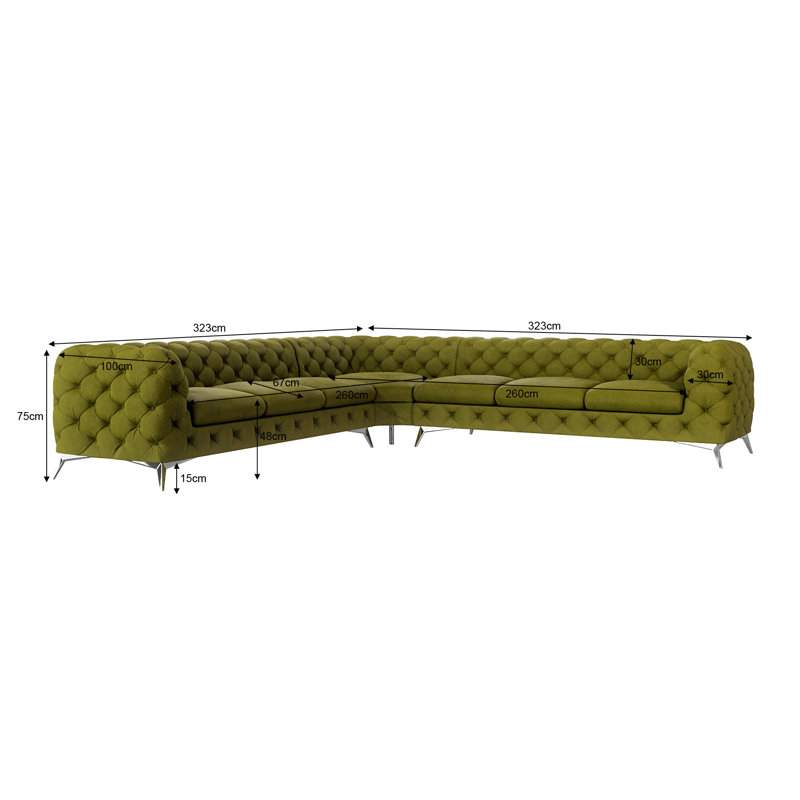 Chesterfield Corner Sofa L-Shape  with Silver Metal Legs, Olive