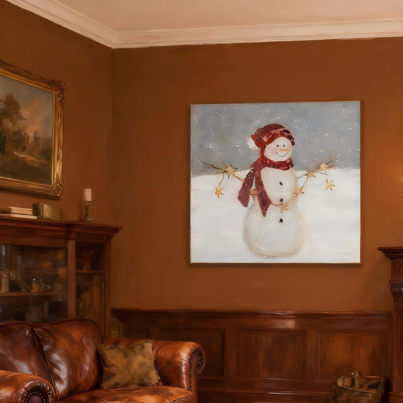 Art mural en toile bonhomme de neige avec étoiles 16 po x 16 po