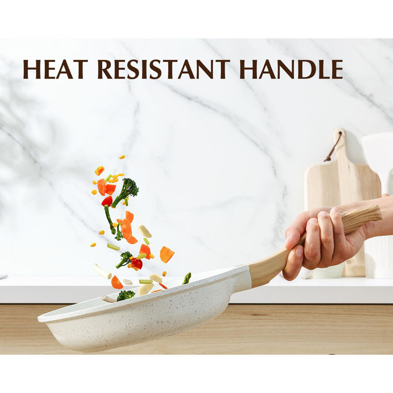 White Ceramic Nonstick Frying Pan with Lid and Woodgrain Handle
