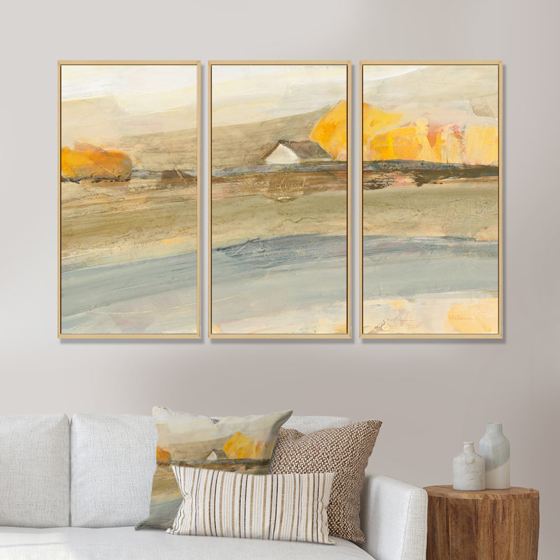 «Coming On Farmhouse Landscape», ensemble de 3 toiles encadrées traditionnelles, H 32 po x l 48 po x P 1 po, Brun