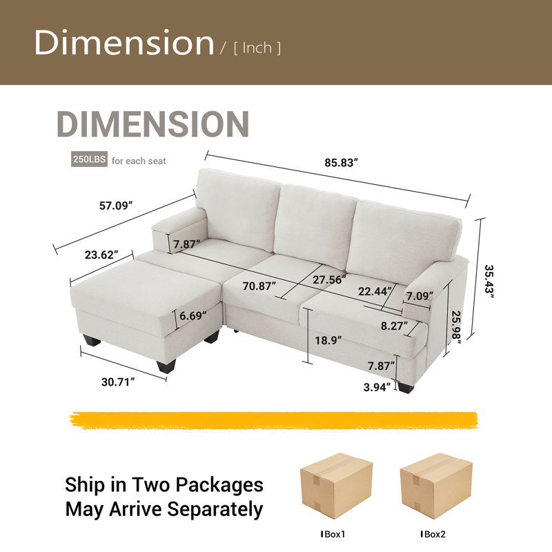 Canapé en L de 86 po avec organiseur d'accoudoirs, canapés à 3 places avec repose-pieds mobile, canapé modulaire confortable avec coussin épais, canapés modulaires en lin pour le salon