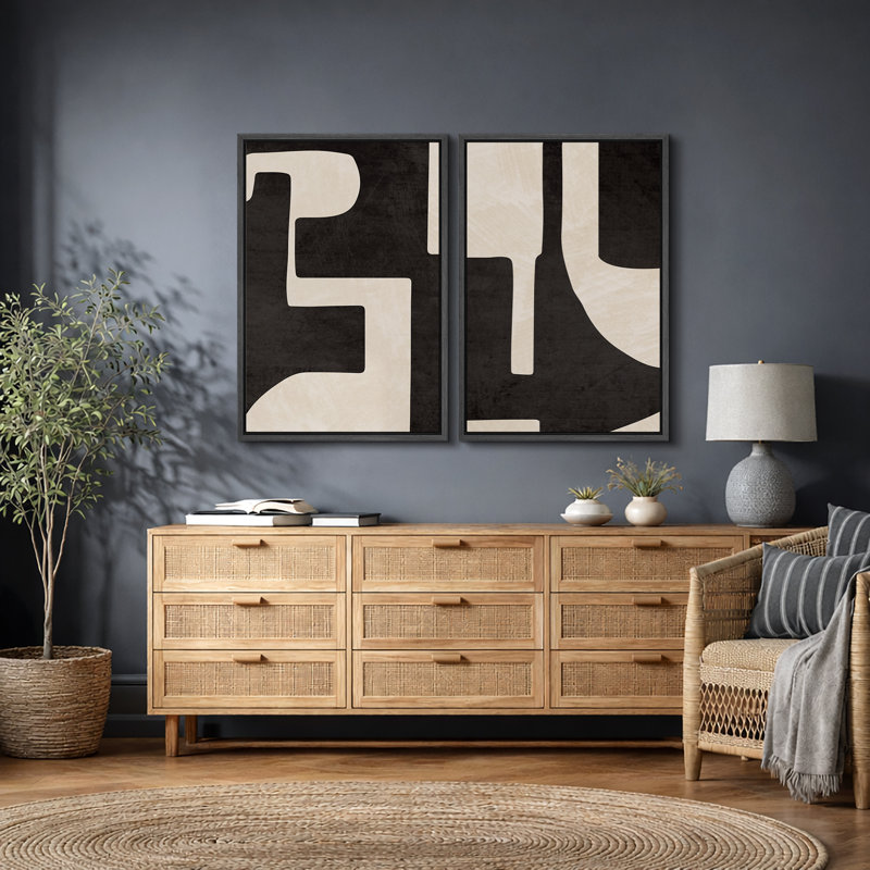 Mid Century Shape "Modern Black & Cream Geometric Shape Artwork, Classy Abstract Neutral Wall Pictures, Framed Canvas Giclée Print 2 Pieces Wall Art" 16x24x2 pcs, 24x36x2 pcs