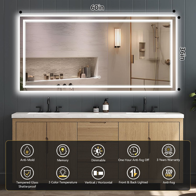 Chrisna UL Certified LED Bathroom Vanity Mirror, Front & Backlit, Anti-Fog Tempered Glass with 3-Year Warranty, 60"×36"