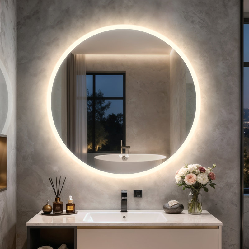 Round Lighted Wall Mounted Bathroom Mirror, 90 cm H x 90 cm W