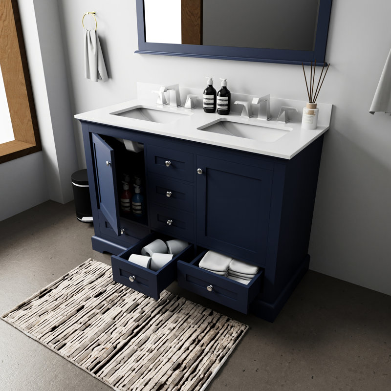 Bleu marine 48 po W Double meuble-lavabo avec surface en quartz blanc, miroir 46 po, système de tiroirs à fermeture douce, et grande capacité de rangement bleu, l, meuble-lavabo, plateau, solution