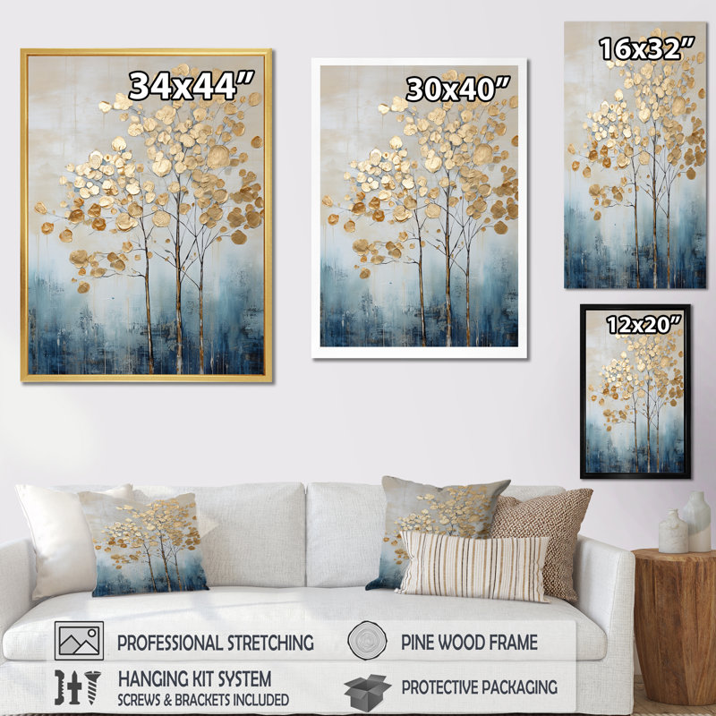 Or doré et arbres bleus Harmony IV - Art mural arbres, Cadre flottant doré, H 44 po x l 34 po x P 1,5 po