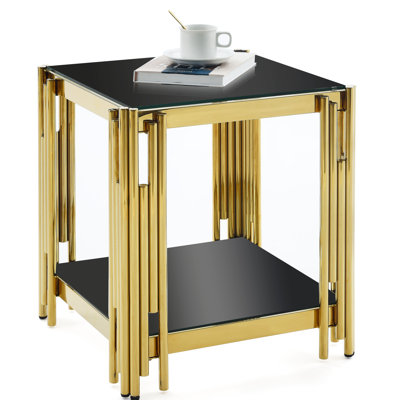 20" Square End Table With Black Tempered Glass And Golden Stainless Steel, For Modern Bedroom Decor Chic Area