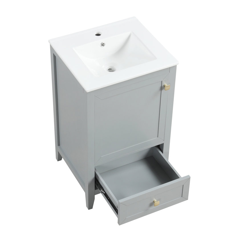 Meuble-lavabo de 20 pouces avec lavabo, gris, conception autoportante moderne, finition peinte simple, porte à fermeture douce, un tiroir, rangement à deux niveaux, tableau, lavabo en céramique de style gris 20 po, autoportant,