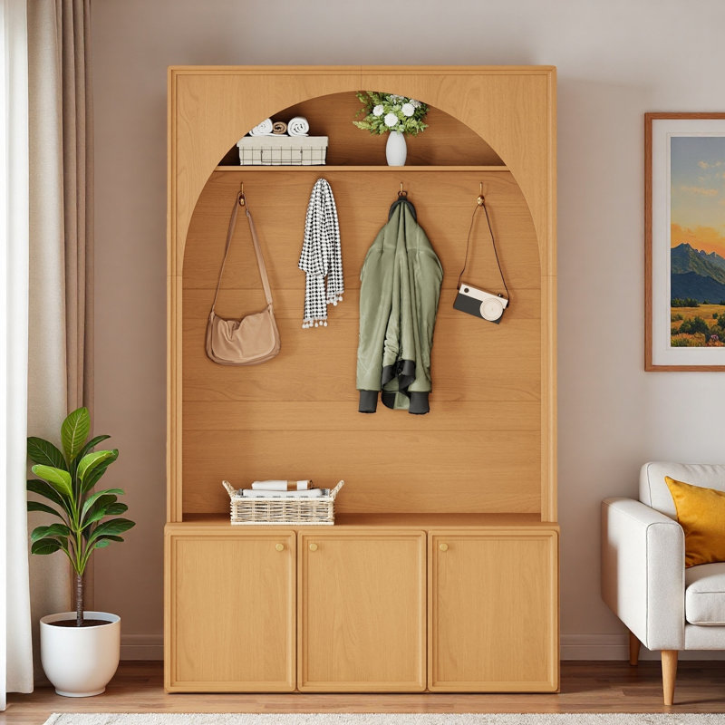Retro Arched Hall Tree With Adjustable Shelves, Bench, Cabinets, Coat Rack And Open Shelving, Natural