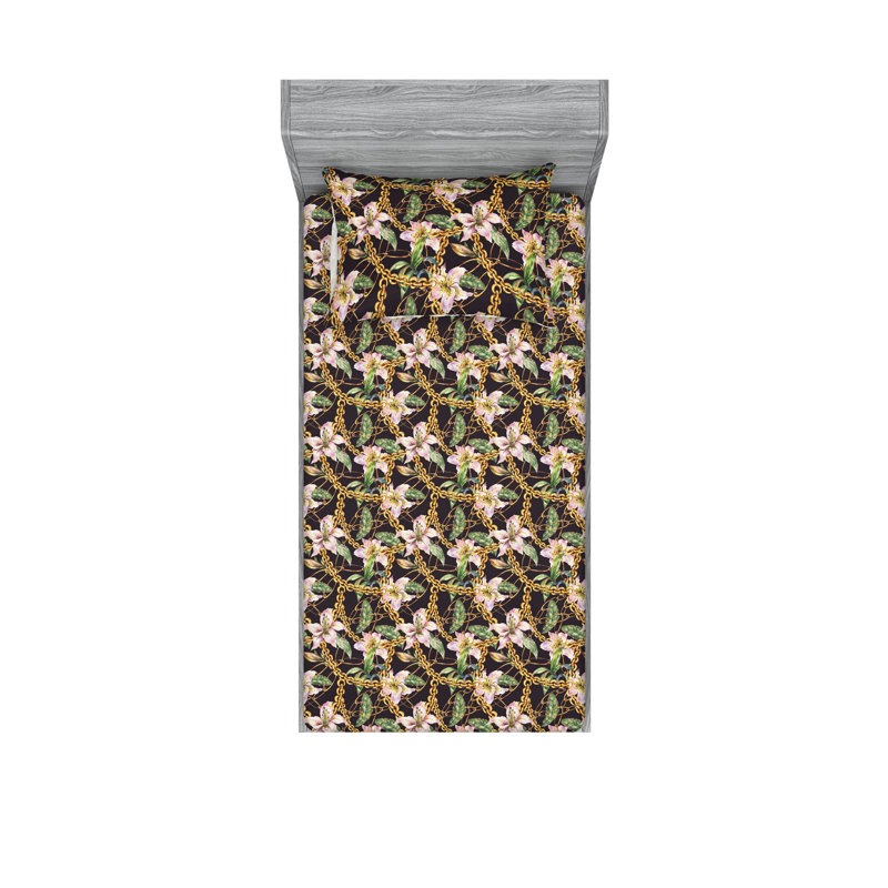 Ambesonne Fitted Sheet & Shams, Dark Purple/Green/Pink Flower, Twin Sheet Set with 1 Pillowcase