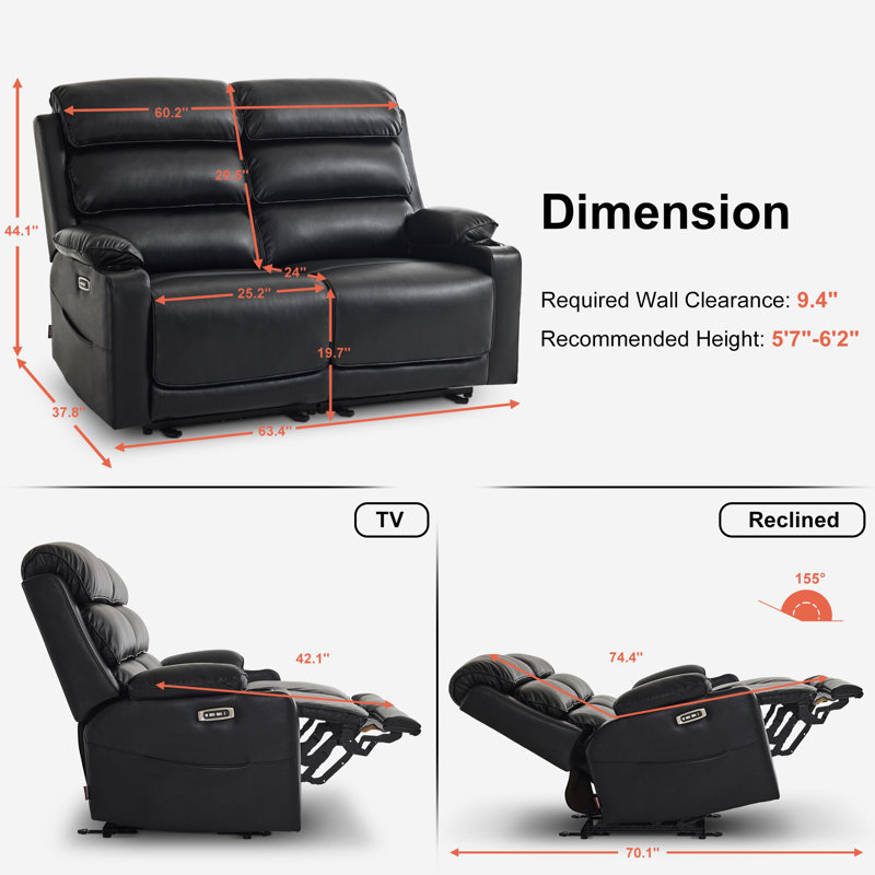 Power Reclining Loveseat Sofa with Adjustable Headrest, Heat and Vibration, Faux Leather, Black