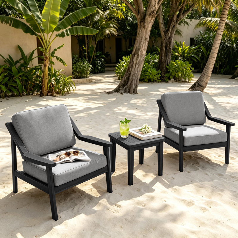 Ensemble de patio d'extérieur pour deux personnes en teck avec coussins et table d'appoint Marlo, Gris, Noir