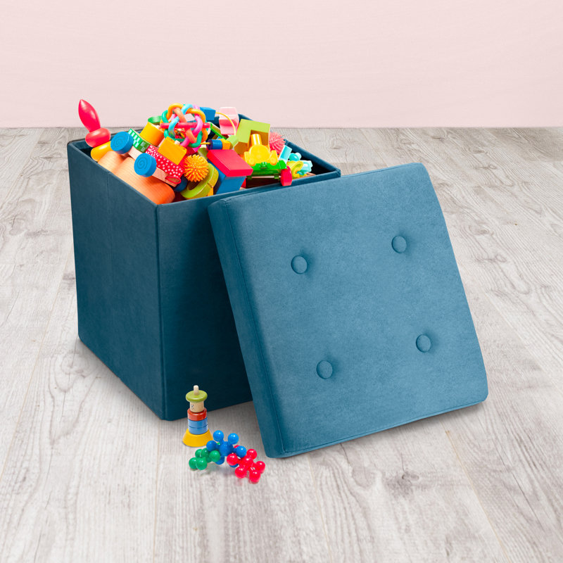 Repose-pieds cubique / pliable / pliable avec couvercle à boutons Oralle Sorbus, Velours bleu sarcelle