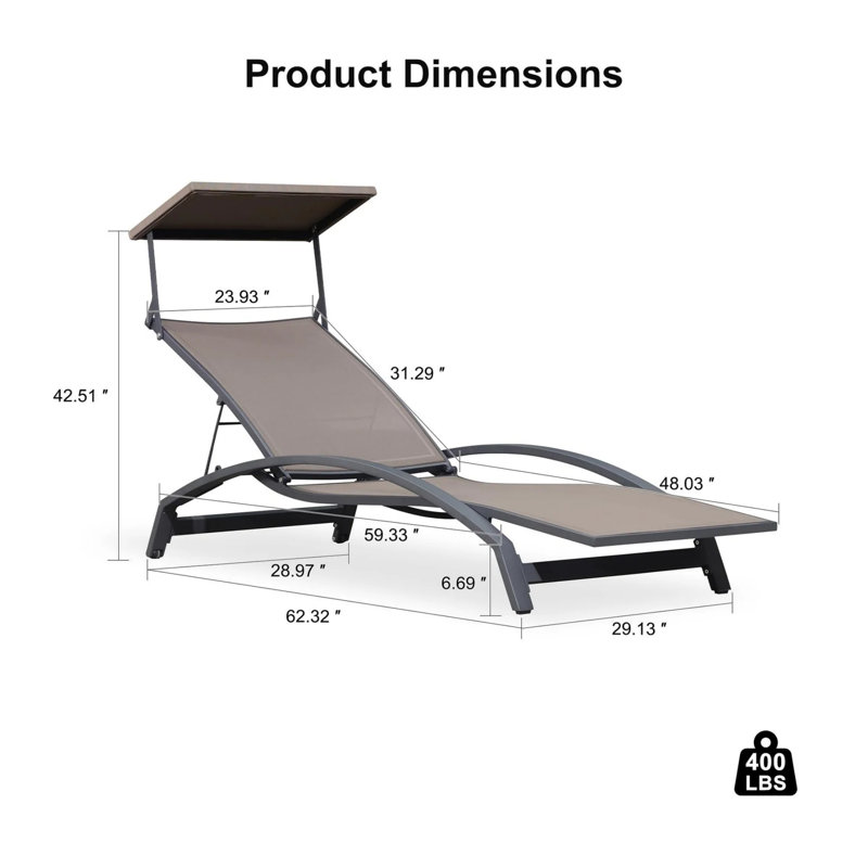 Purple Leaf 62.32'' Long Reclining PVC-coated polyester With Uv-Resistant Canopy Chaise Lounge Set Of 2 With Arm, Brown