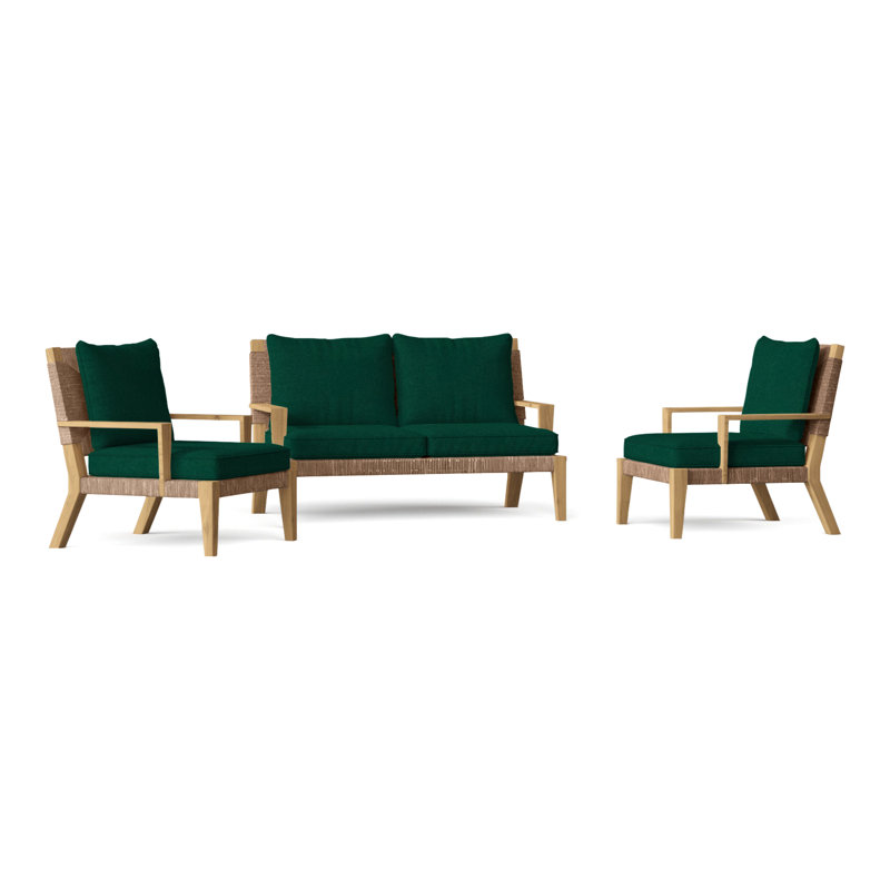 Hadley Outdoor 3 - Piece Teak Conversation Set, Perigold Arigato Balsamic, Hadley Hemp