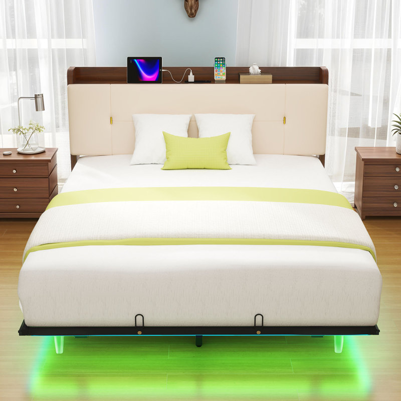 Lit plateforme tapissier avec rangement à DEL, Beige, Grand