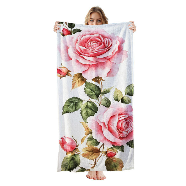 Serviette de plage en microfibre légère, absorbante et sans décoloration, 30 po x 60 po, Aquarelle rose plage