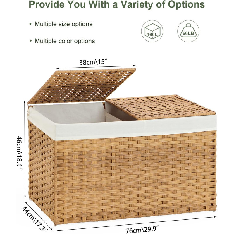 Grand panier de rangement en osier avec couvercle, panier en rotin PP tissé à la main, pour salle de lavage, Beige