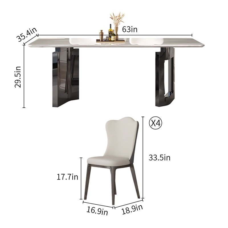 Ensemble de table de salle à manger en marbre naturel de luxe, H 29,5 po x L 63 po x l 35,4 po, 5 Pieces: Table, 4 Chairs