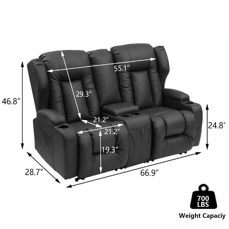 Causeuse de cinéma en faux cuir 66,9 po de largeur avec porte-gobelet, Noir