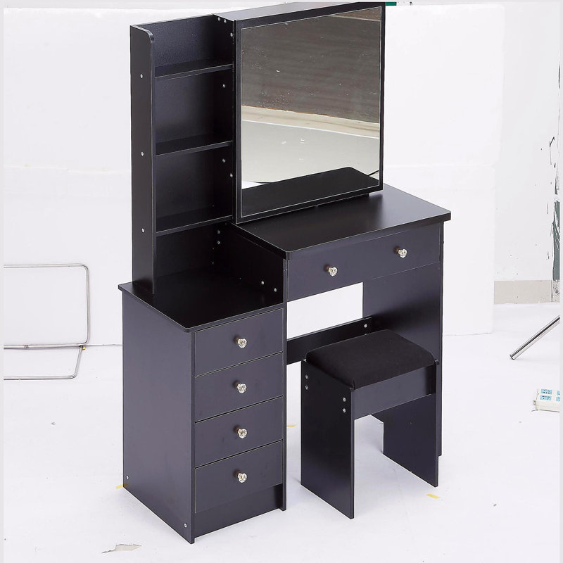 Meuble-lavabo de 37 po avec tabouret de chevet de taille moyenne 37 po + tabouret rembourré, très grand miroir coulissant à droite, rangement multi-couches à grande capacité, commode pratique et pratique, convient aux espaces moyens
