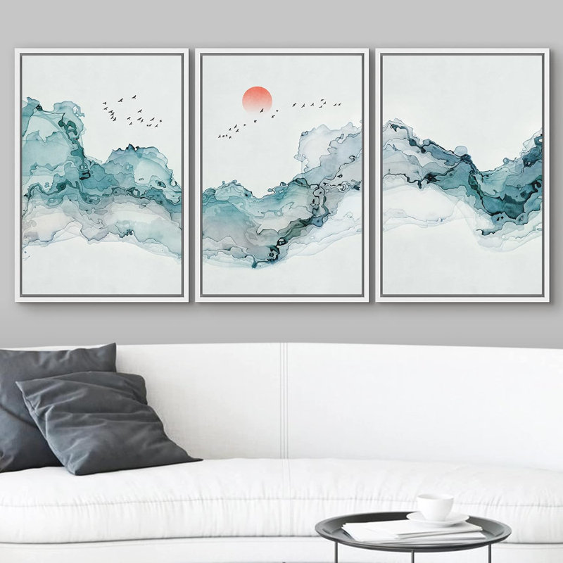 Abstrait paysage aquarelle fumée nuage ciel formes abstraites illustrations art moderne décor, Cadre flottant blanc