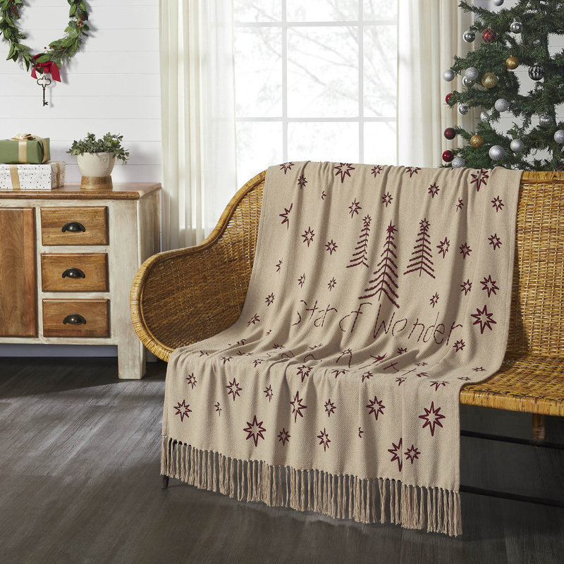 Star of Wonder Tan and Burgundy Cotton Woven Throw Blanket 50x60