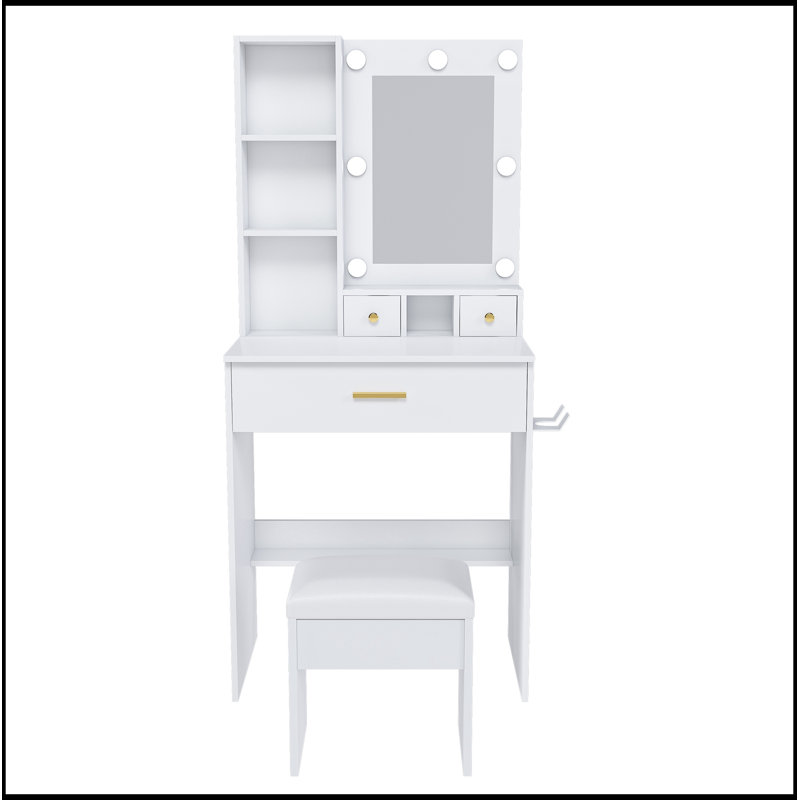 Table de coiffeuse avec miroir, lumières DEL réglables, prise de courant, support pour sèche-cheveux et tabouret, Blanc