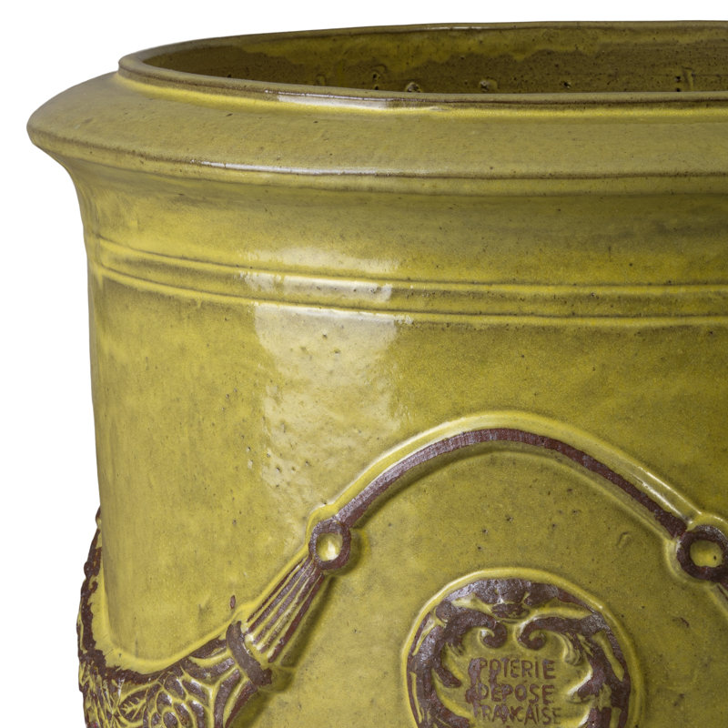 Anduze French Yellow Ceramic Round Planter with Drainage Hole, 31" H x 27" W x 27" D