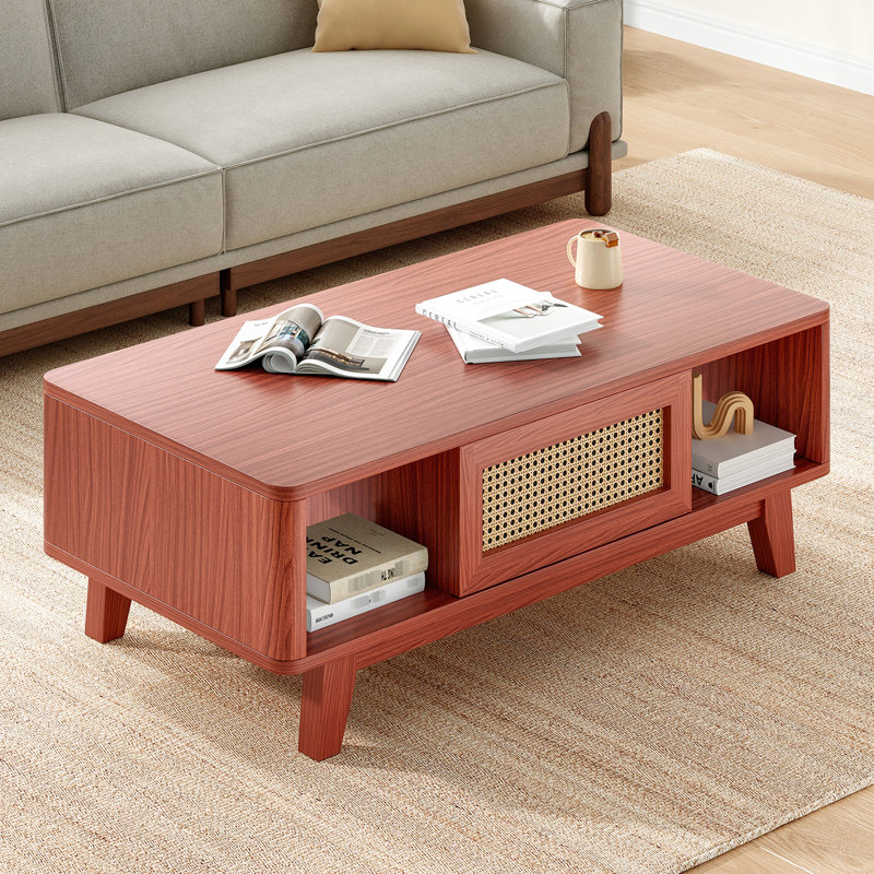 Table basse de style Mid-Century avec rangement de tiroir et design élégant, pieds en bois sur bois massif, ton cerisier, bois d'ingénierie, rectangle, longueur de 43,7 po, carré d'assemblage rapide pour espaces de vie,
