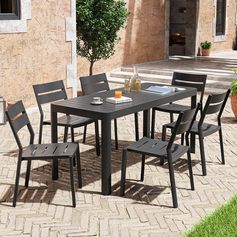 Cadeidra 6 - Person Aluminum Rectangular Extendable Outdoor Dining Set with Stacking Chairs