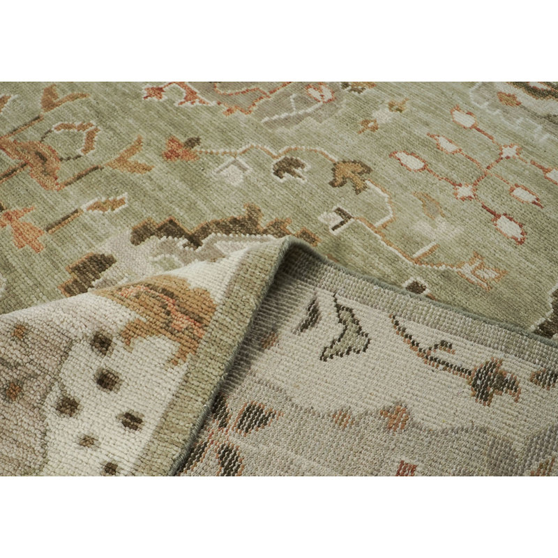 Tapis vert en laine noué à la main 12 x 15 po Oushak