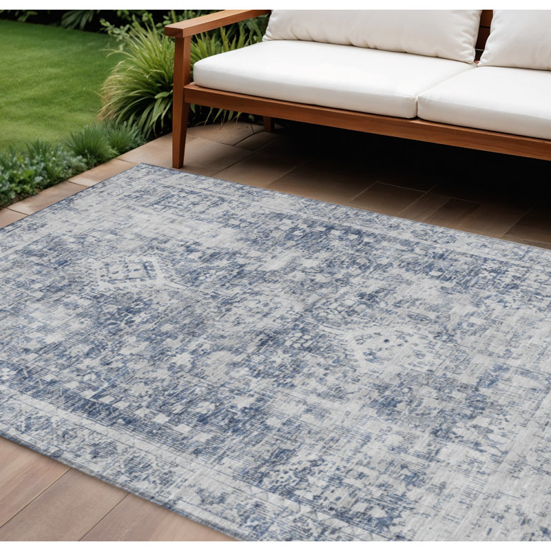 10' X 14' Navy Blue Oriental Washable Indoor Outdoor Area Rug