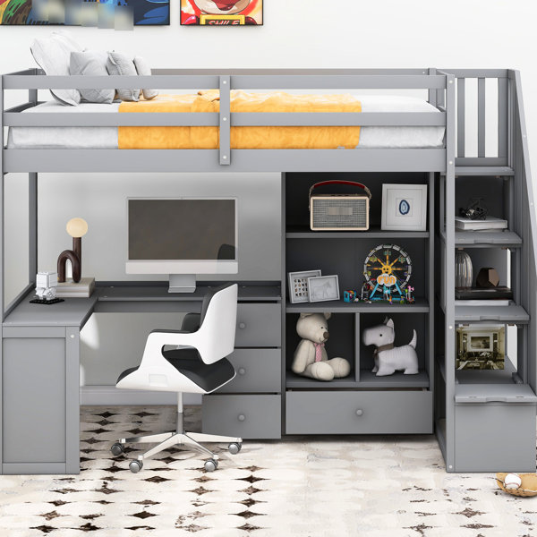 Latitude Run® Space Saving Twin Size Loft Bed With L-Shaped Desk ...