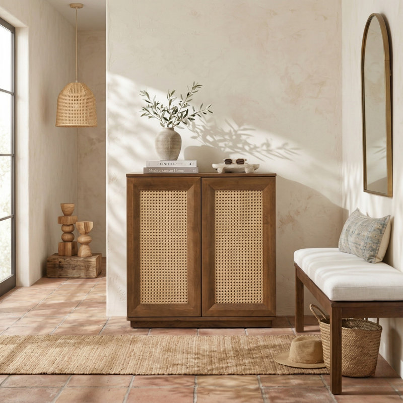 Meuble de rangement à 2 portes, meuble d'appoint en bois massif et rotin, buffet modulaire, système de rangement extensible pour salon et meuble télé, montage facile, aspect teck