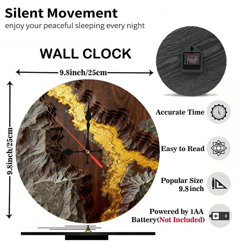 Horloge murale ronde en bois 10 po, mouvement à quartz silencieux, imprimé UV, à piles, Brun / or