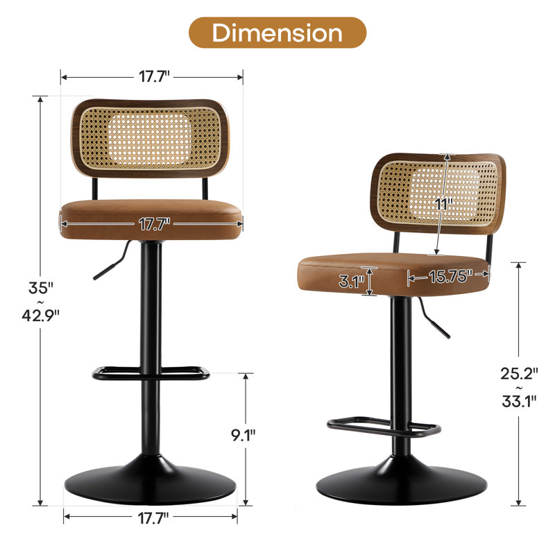 Adjustable Height 360° Swivel Bar Stools With Rattan Backrest, Brown
