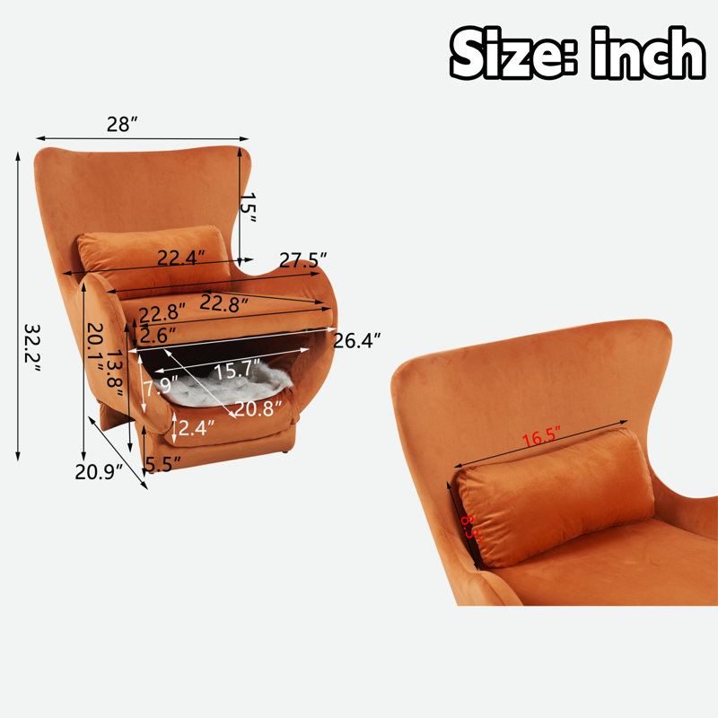 Chaise d'appoint 2 en 1 moderne en velours avec coussin rembourré gratuit et espace pour animaux de compagnie, Velours orange