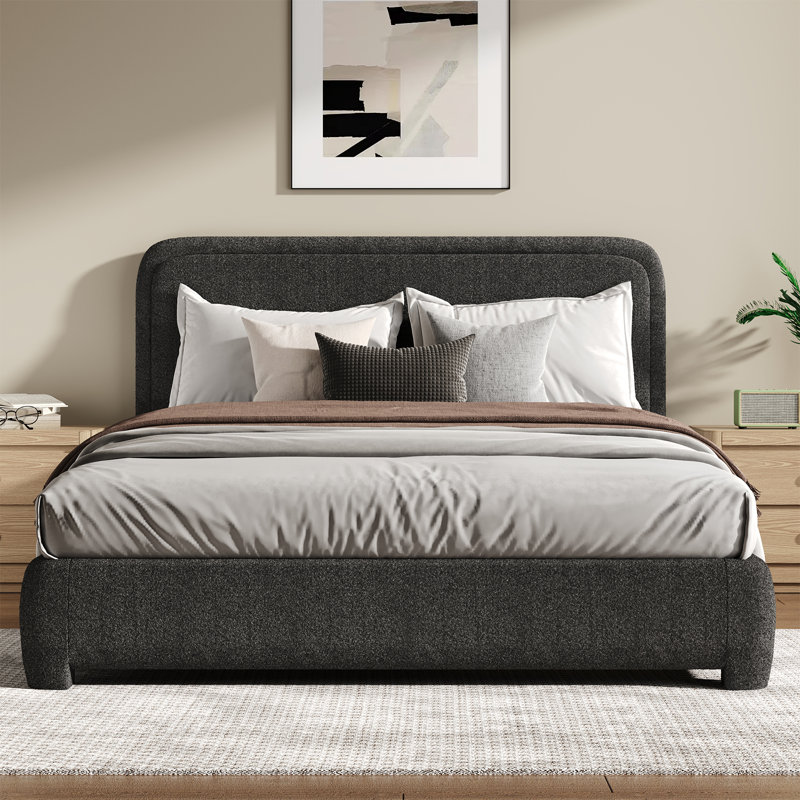 Lit plateforme tapissier Bensu Boucle, Grand lit, Noir